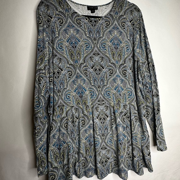 J. Jill Blue and Tan Long Sleeve Boxy Blouse - Picture 1 of 6